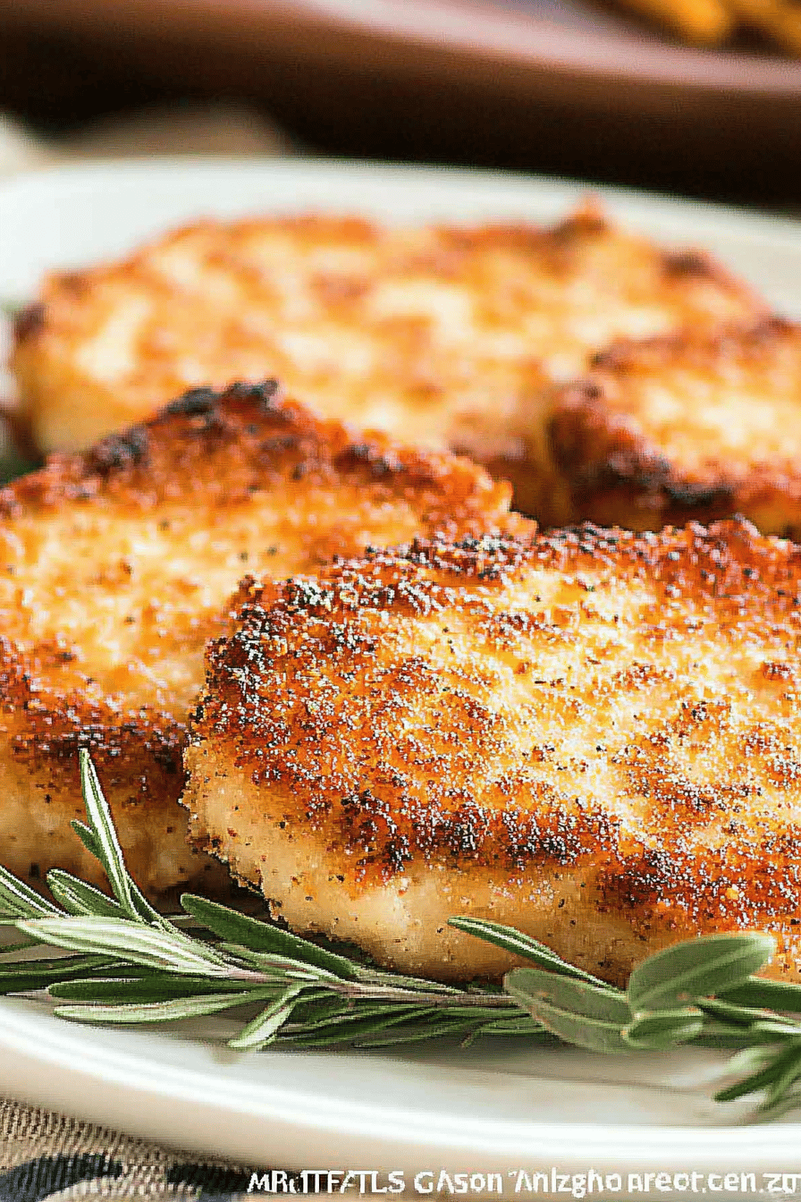 Parmesan Crusted Pork Chops slice on plate showing perfect texture and swirl pattern