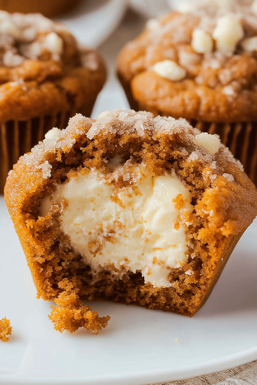 Pumpkin Cream Cheese Muffins slice on plate showing perfect texture and swirl pattern