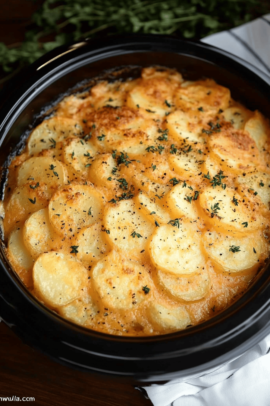 Slow Cooker Scalloped Potatoes slice on plate showing perfect texture and swirl pattern