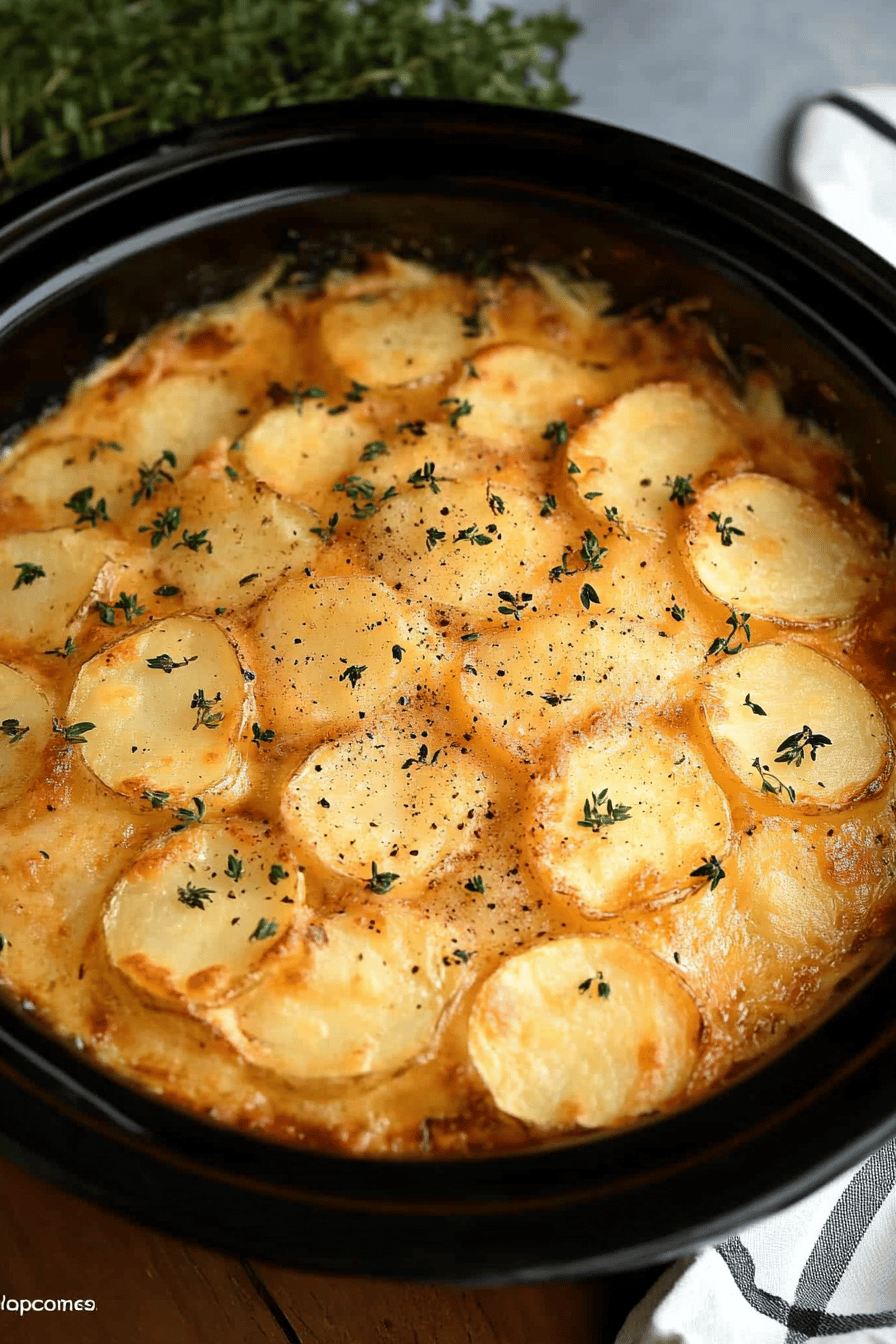 Slow Cooker Scalloped Potatoes final dish beautifully presented and ready to serve