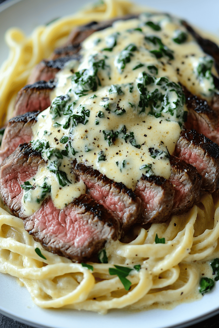 Steak Gorgonzola Alfredo final dish beautifully presented and ready to serve
