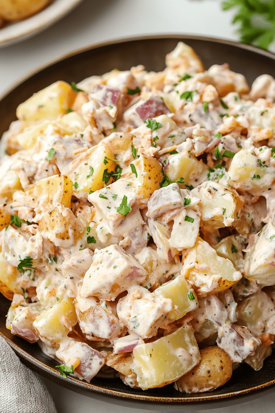 Steakhouse Potato Salad Recipe slice on plate showing perfect texture and swirl pattern