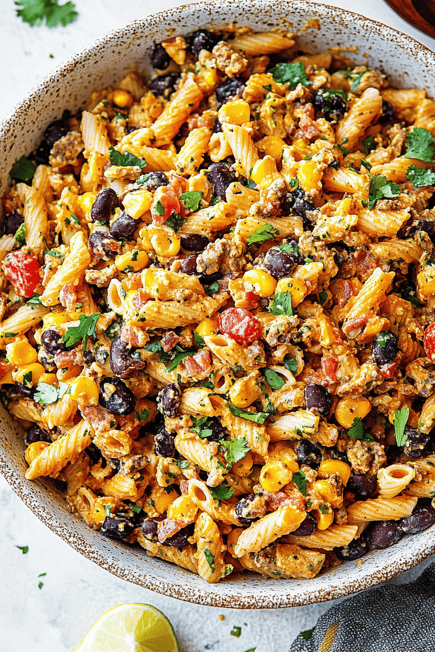 Taco Pasta Salad final dish beautifully presented and ready to serve