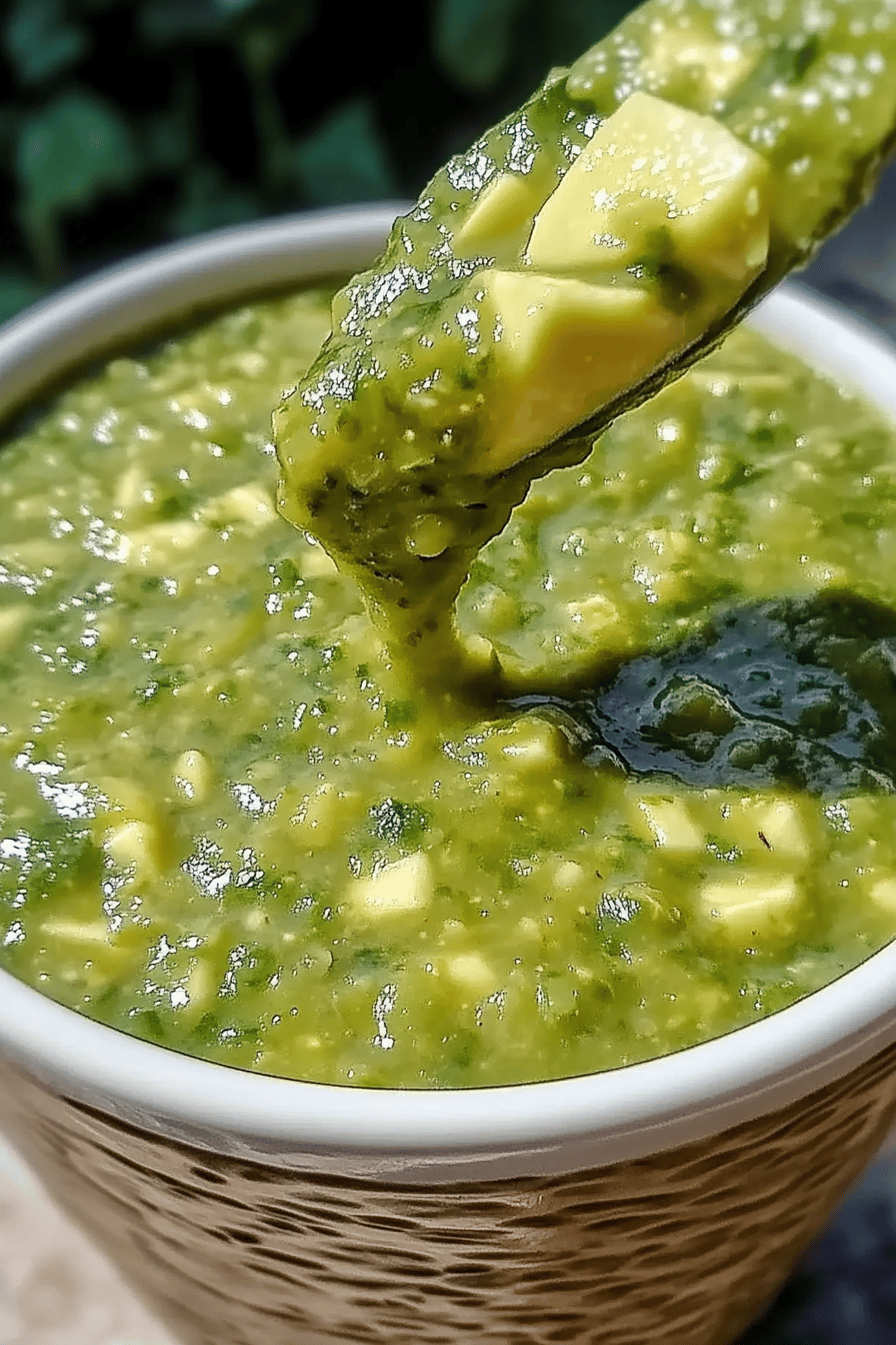 Tomatillo-Avocado Salsa slice on plate showing perfect texture and swirl pattern