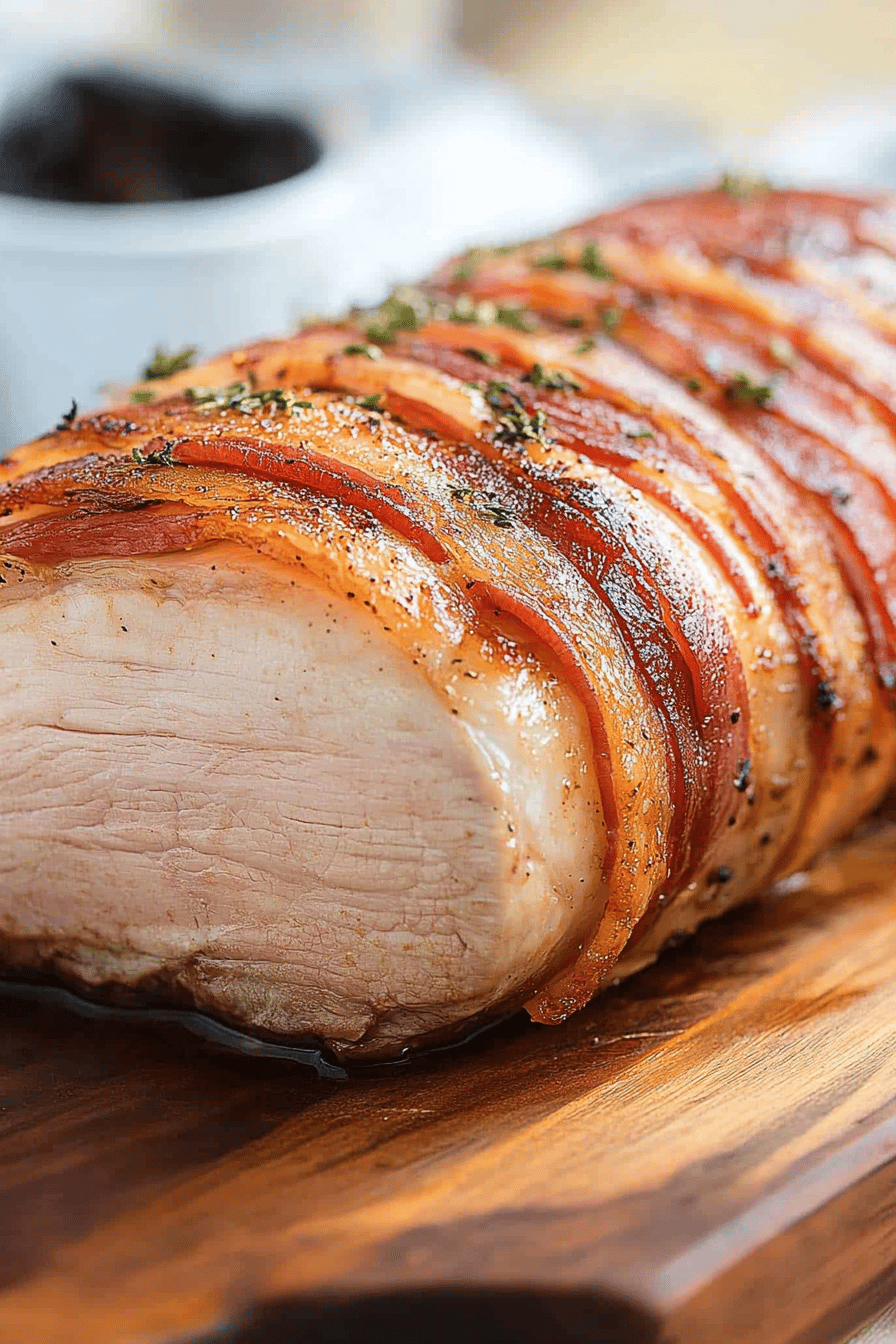 bacon-wrapped pork loin slice on plate showing perfect texture and swirl pattern
