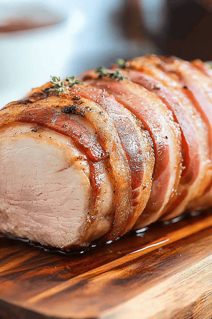 bacon-wrapped pork loin final dish beautifully presented and ready to serve