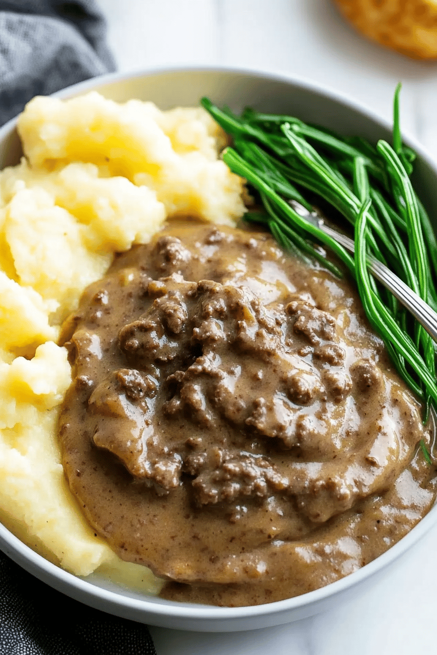 hamburger gravy tips slice on plate showing perfect texture and swirl pattern