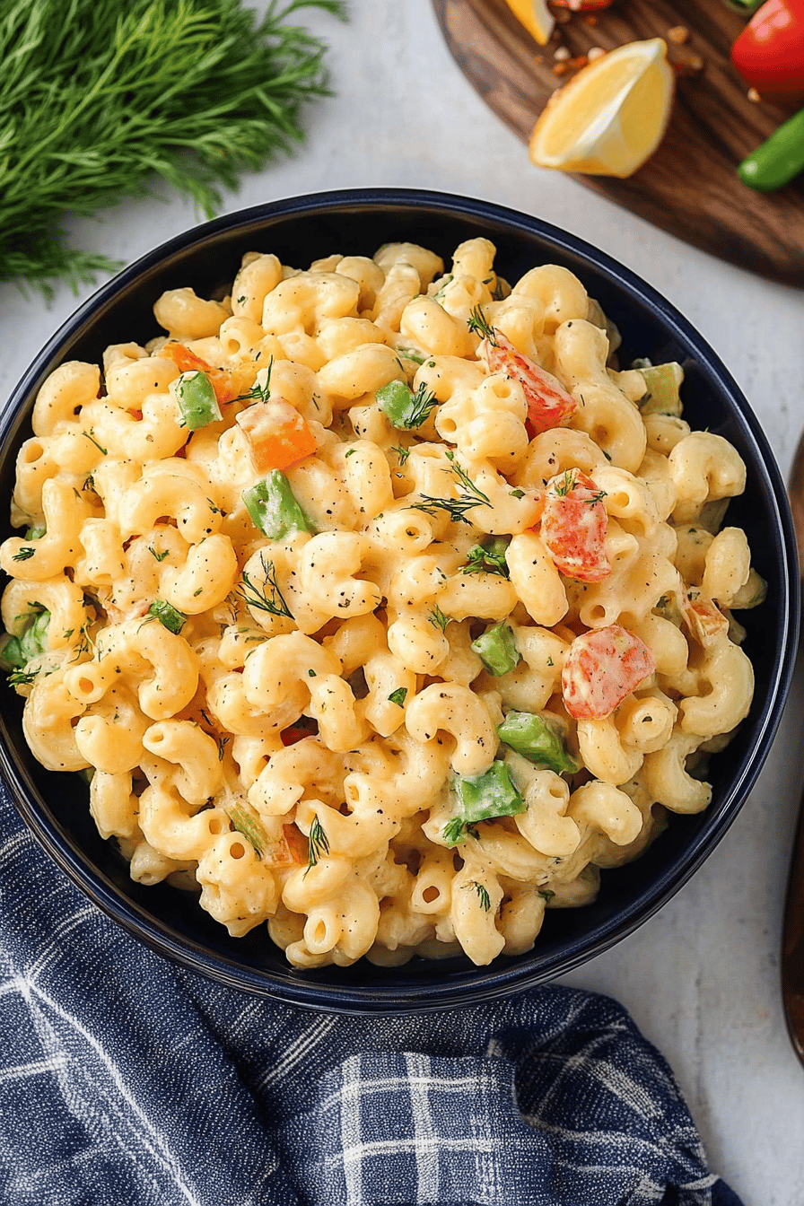 macaroni salad recipe slice on plate showing perfect texture and swirl pattern