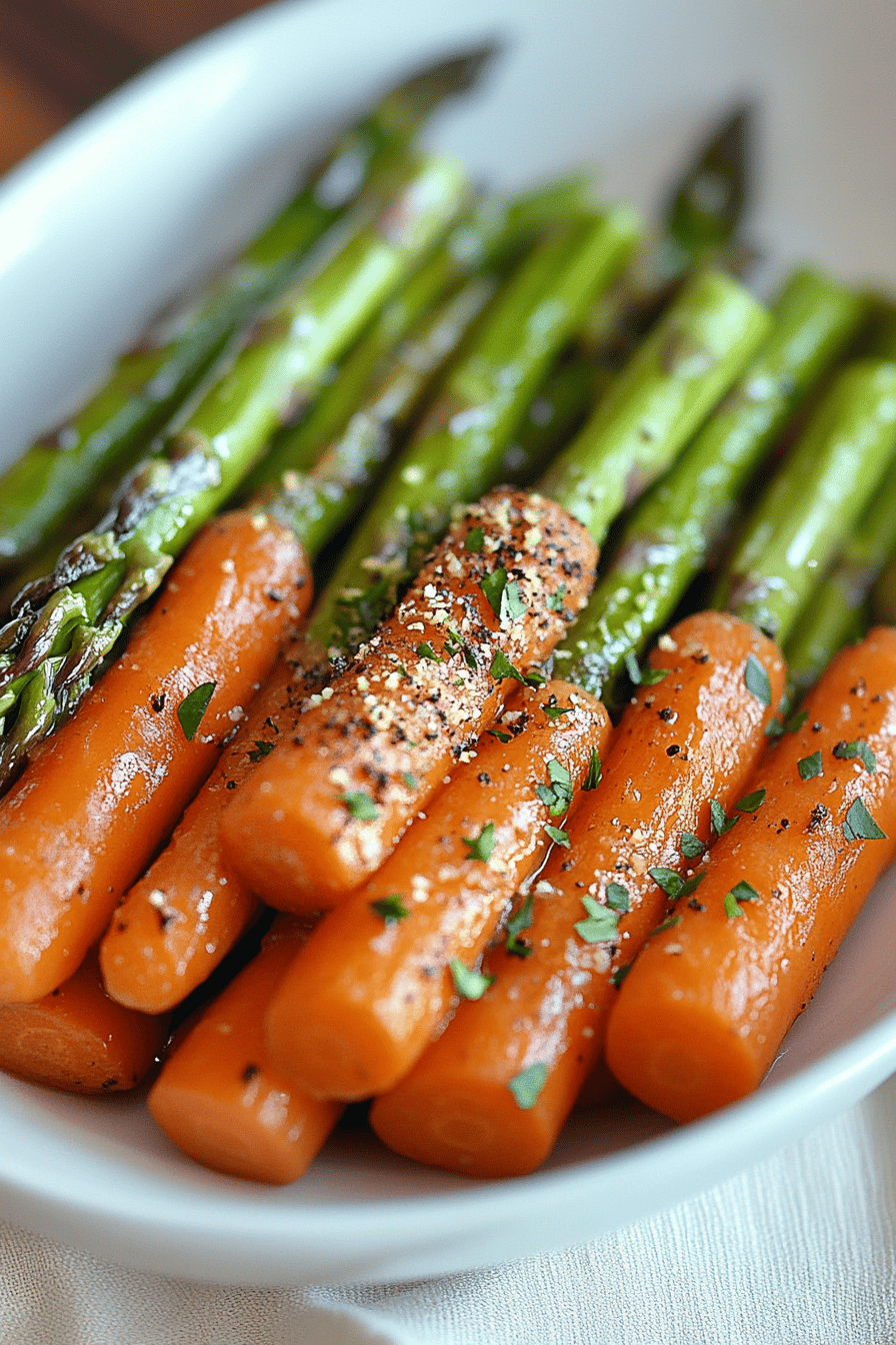 roasted asparagus carrots ingredients organized and measured on kitchen counter
