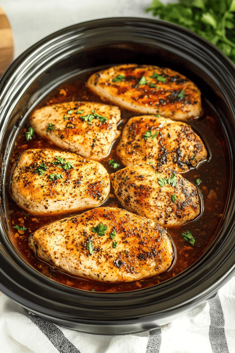 slow cooker chicken breasts ingredients organized and measured on kitchen counter