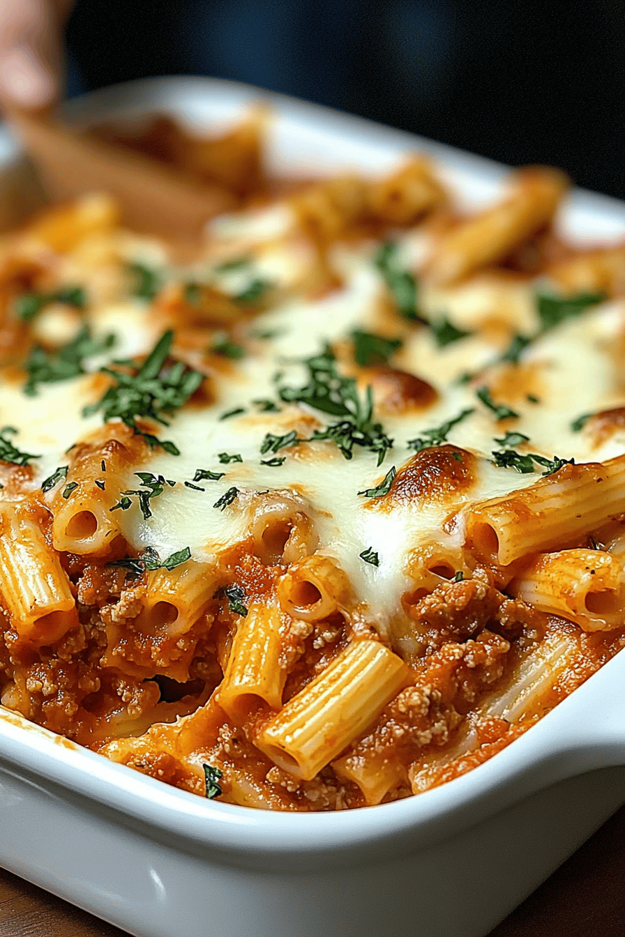 Baked Ziti Recipe slice on plate showing perfect texture and swirl pattern