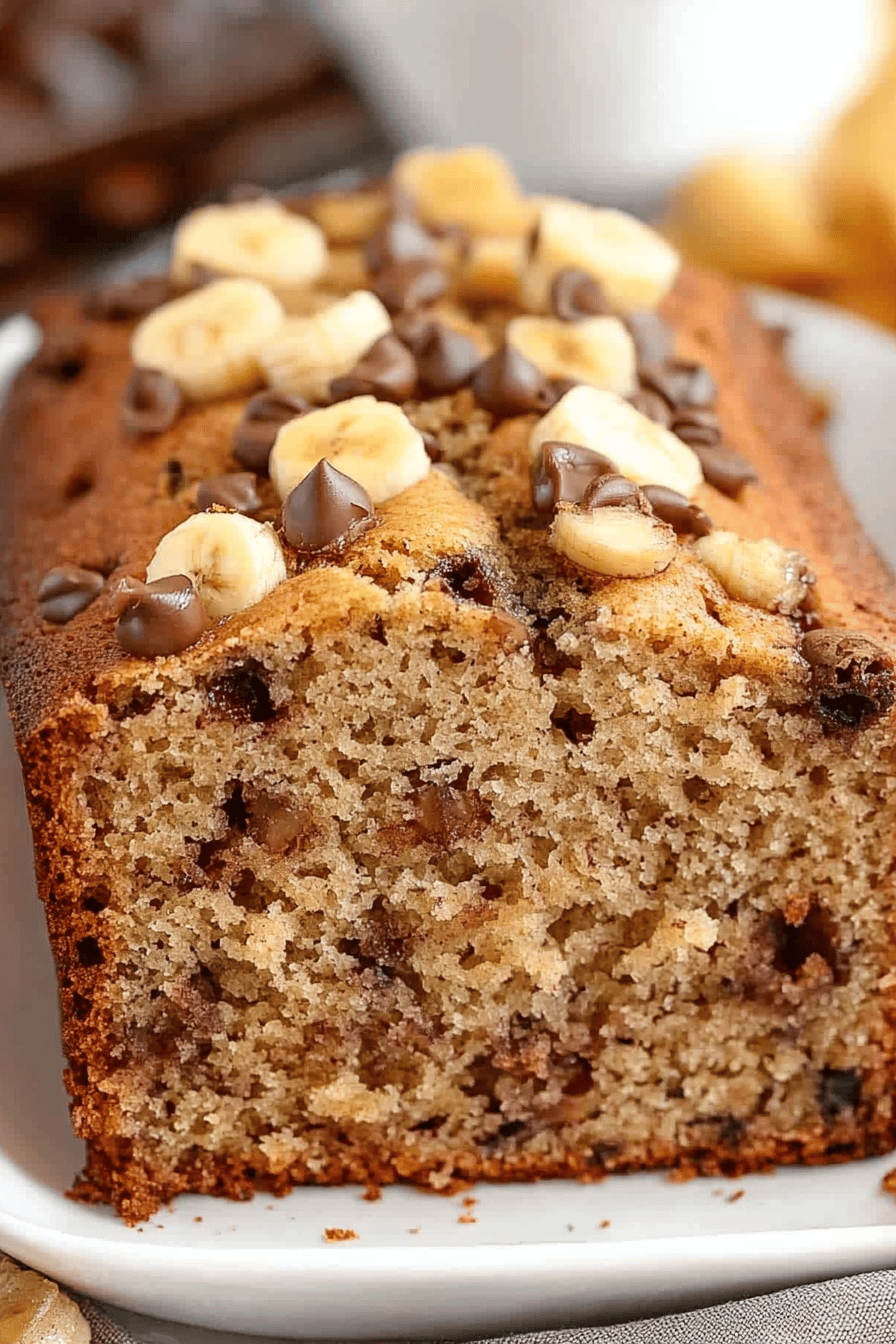 Banana bread slice on plate showing perfect texture and swirl pattern