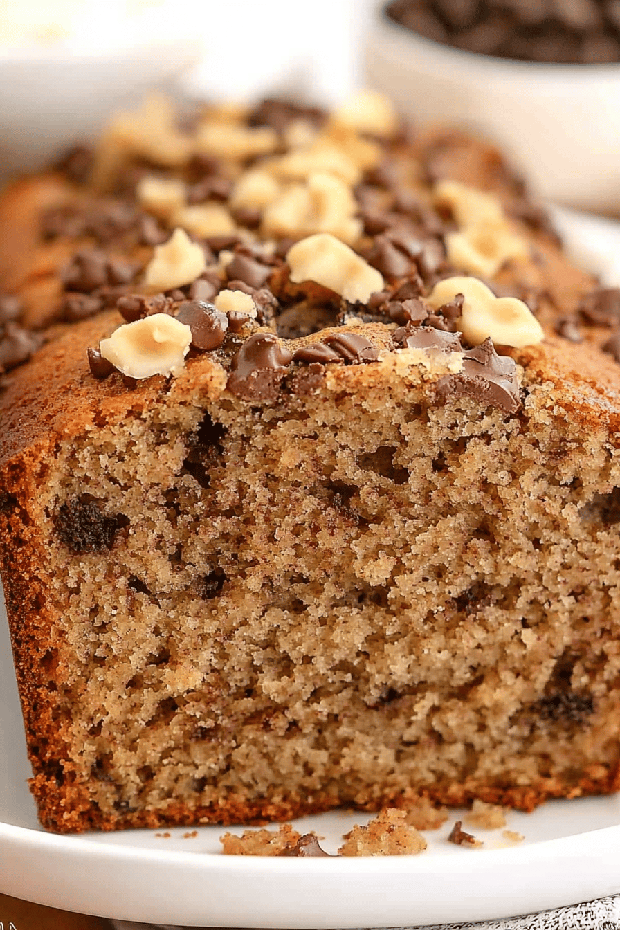 Banana bread slice on plate showing perfect texture and swirl pattern