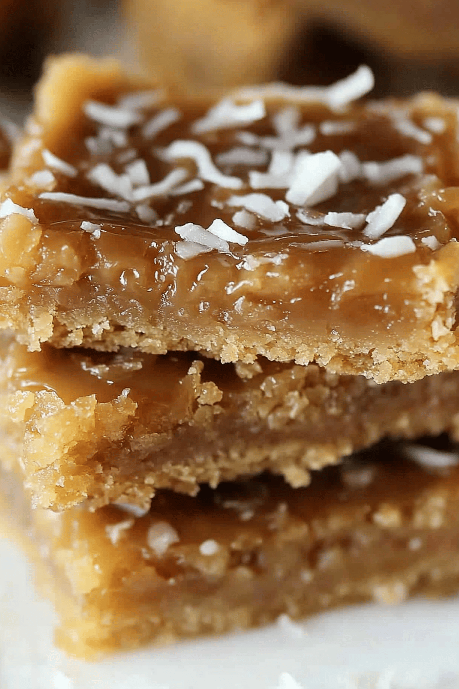 Caramel Coconut Bars slice on plate showing perfect texture and swirl pattern