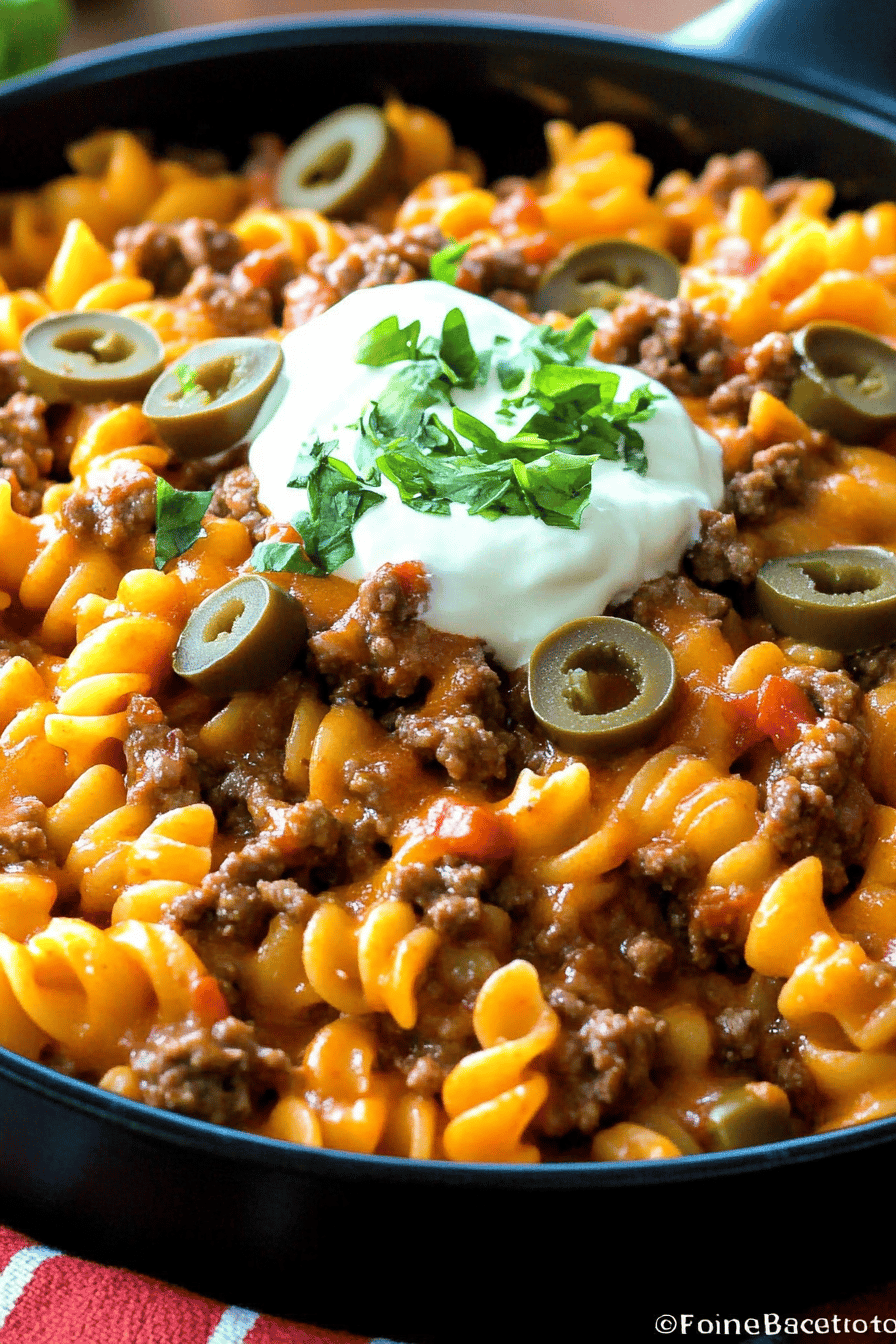 Cheesy Beef Rotini slice on plate showing perfect texture and swirl pattern