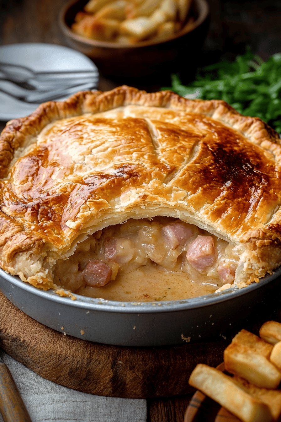 Chicken and ham pie ingredients organized and measured on kitchen counter