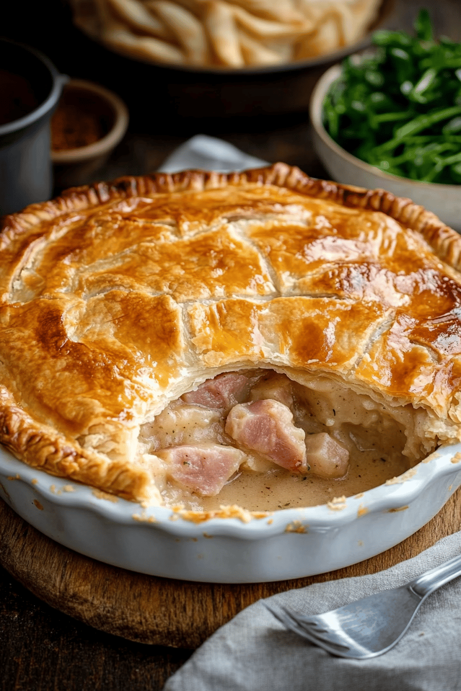 Chicken and ham pie slice on plate showing perfect texture and swirl pattern