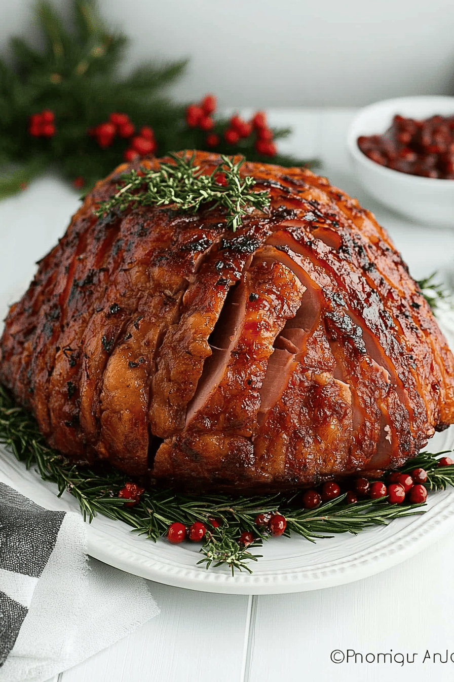 Christmas Ham Recipe slice on plate showing perfect texture and swirl pattern