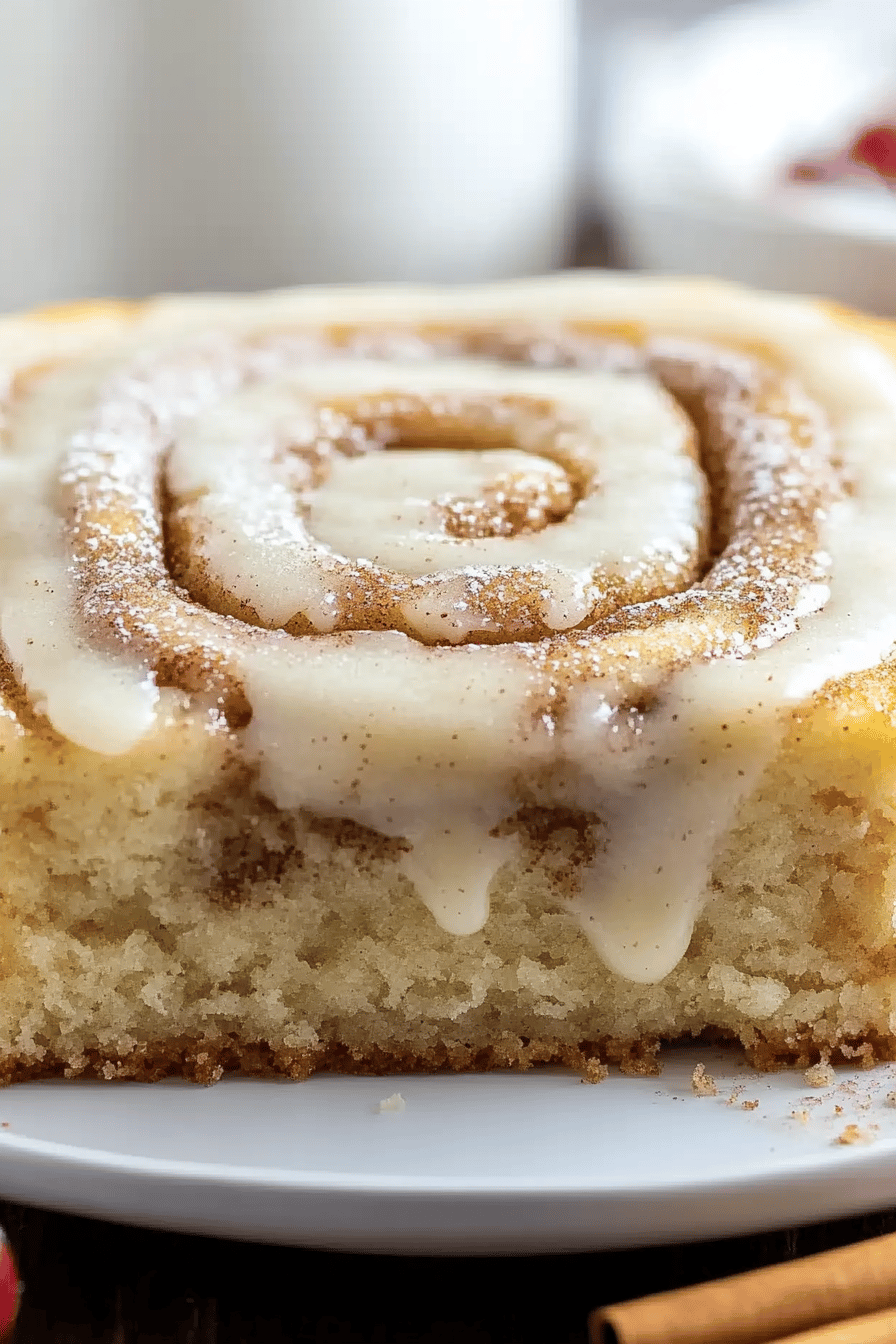 Cinnamon Roll Cake slice on plate showing perfect texture and swirl pattern