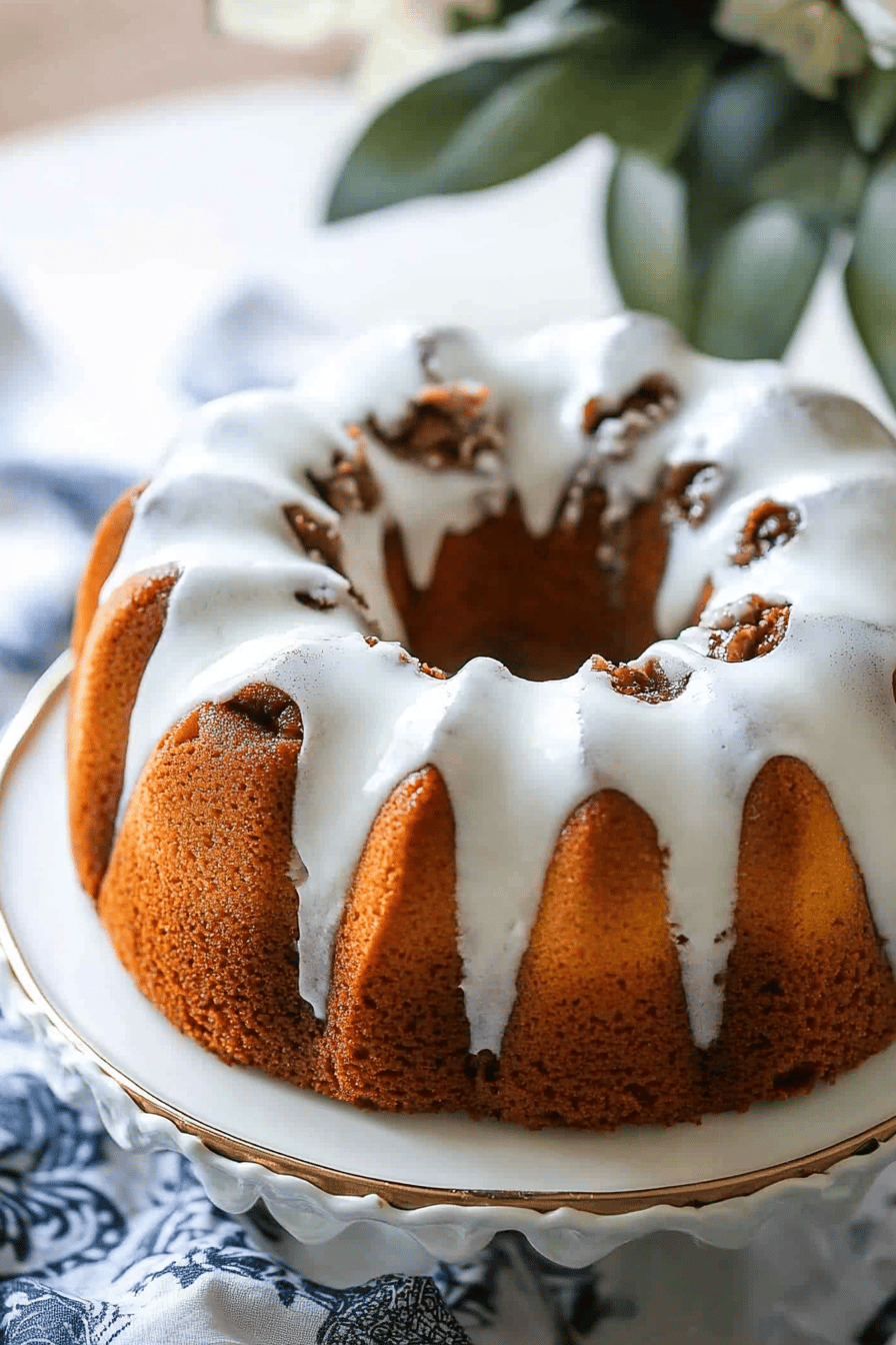 Cinnamon roll bundt cake slice on plate showing perfect texture and swirl pattern