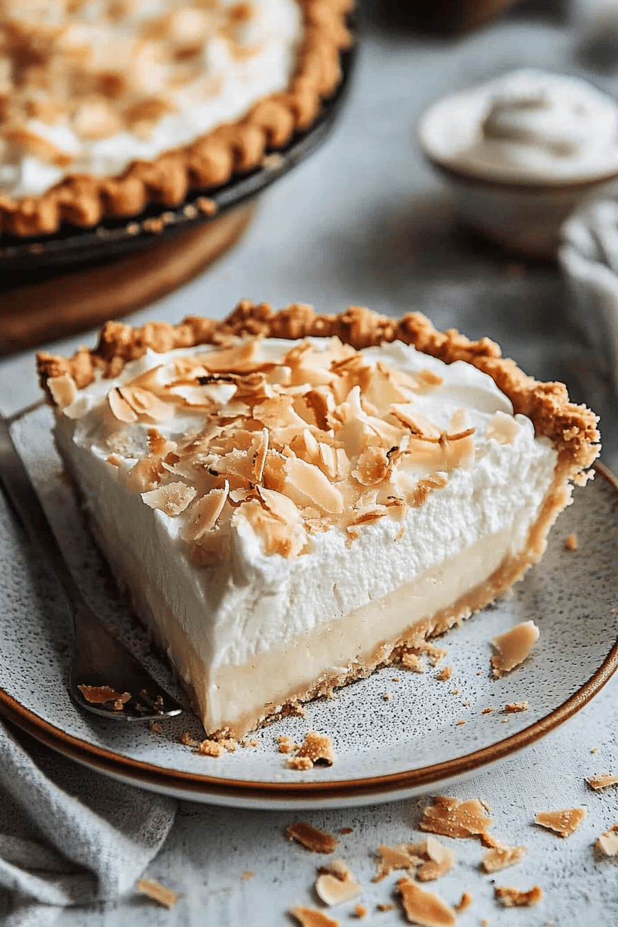 Coconut cream pie slice on plate showing perfect texture and swirl pattern
