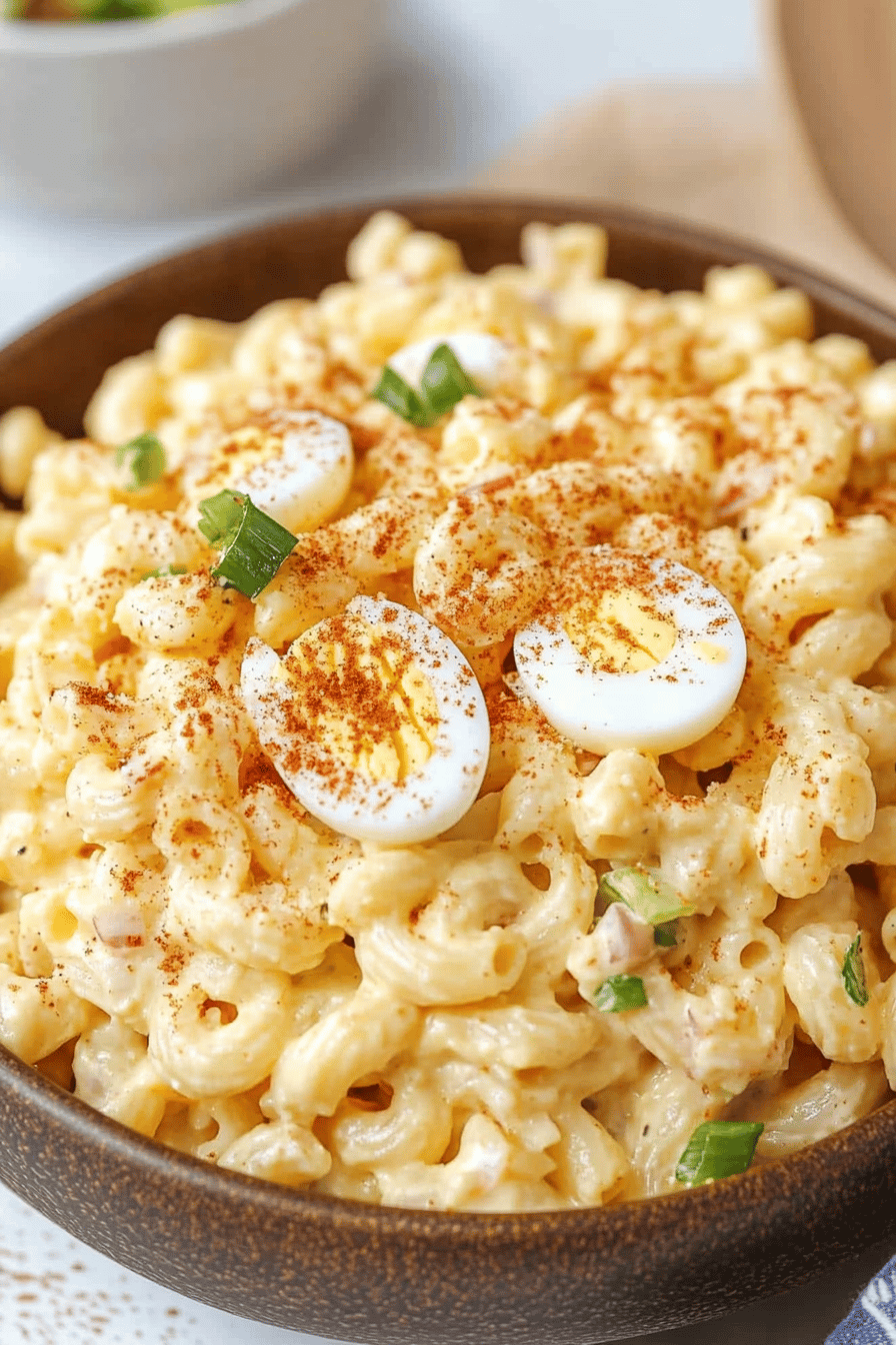 Deviled Egg Pasta Salad ingredients organized and measured on kitchen counter