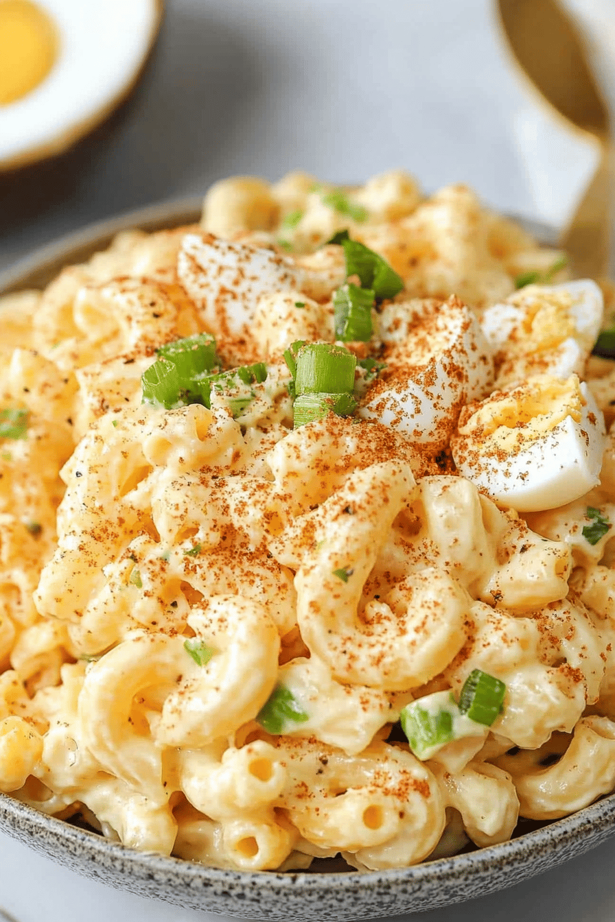 Deviled Egg Pasta Salad slice on plate showing perfect texture and swirl pattern