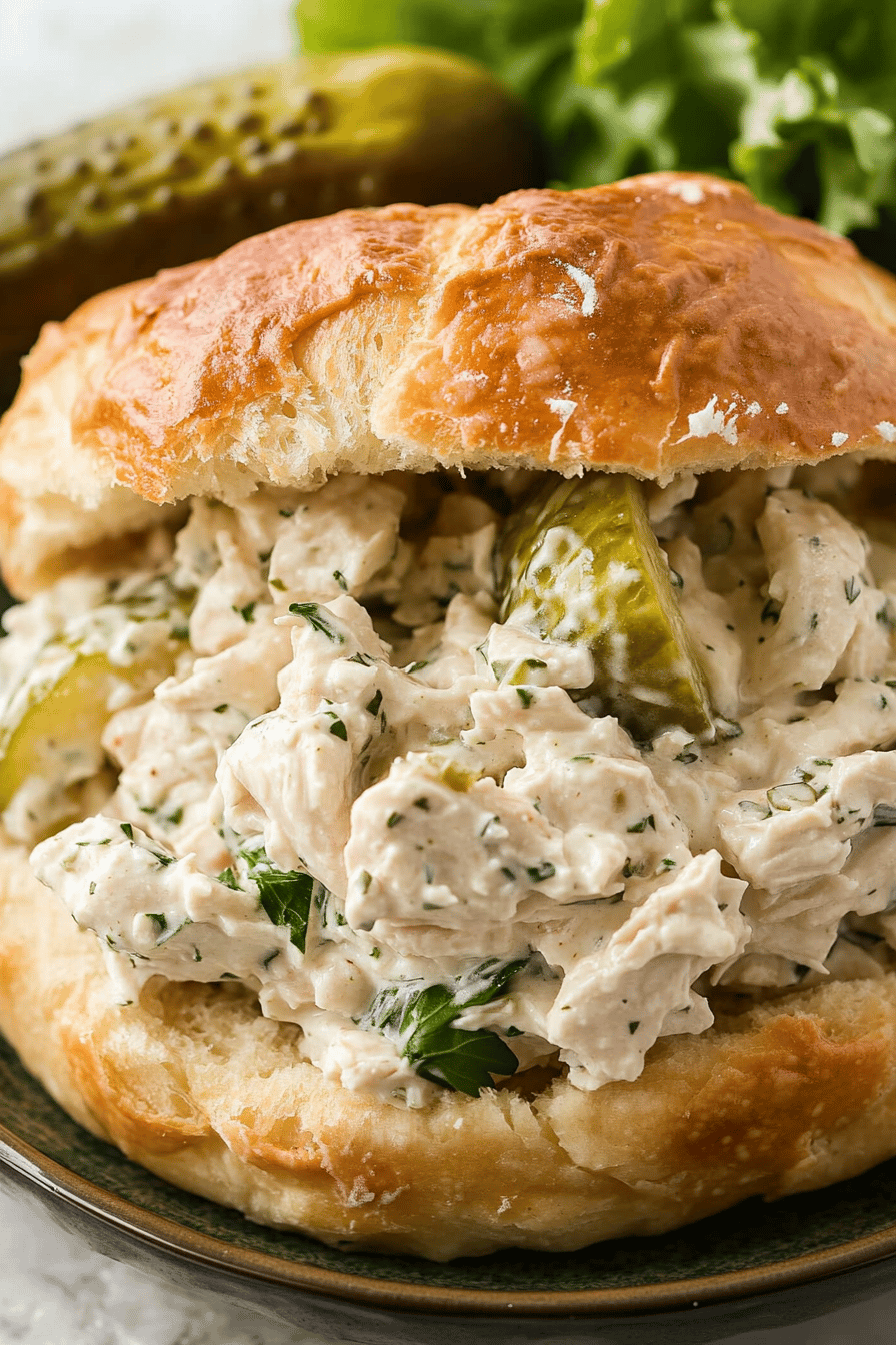 Dill Pickle Chicken Salad Recipe slice on plate showing perfect texture and swirl pattern