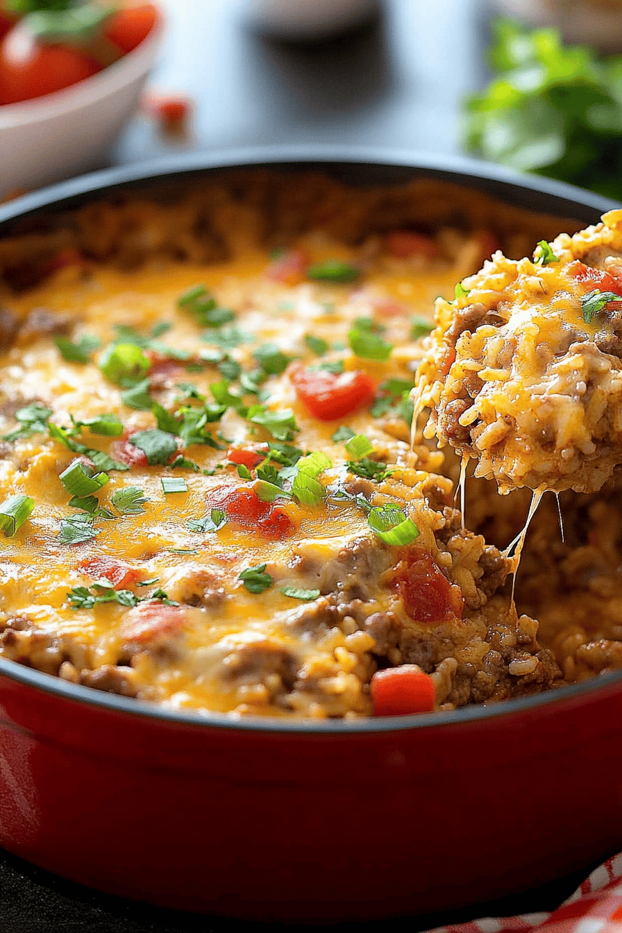 Hamburger Rice Casserole ingredients organized and measured on kitchen counter
