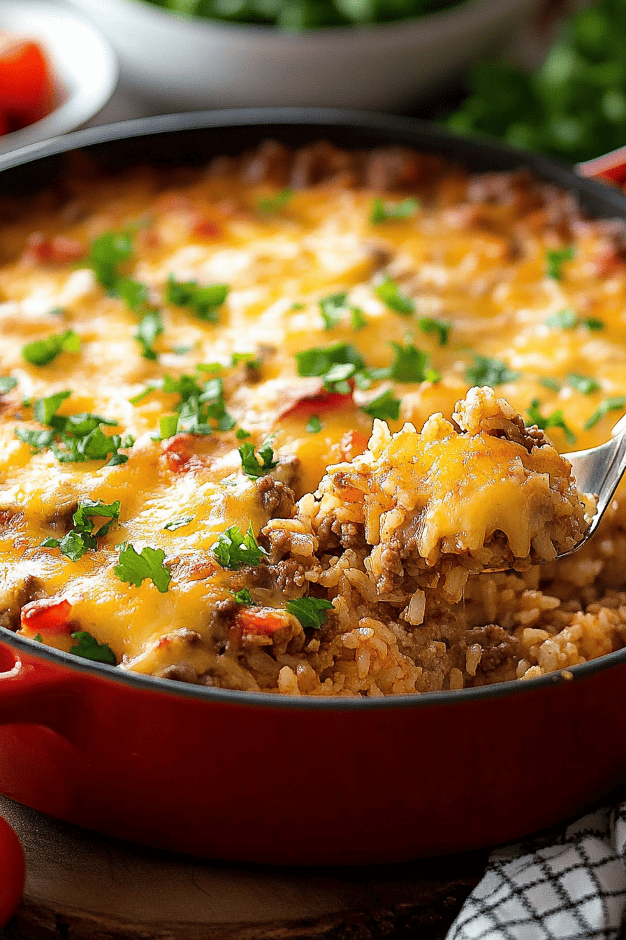 Hamburger Rice Casserole slice on plate showing perfect texture and swirl pattern