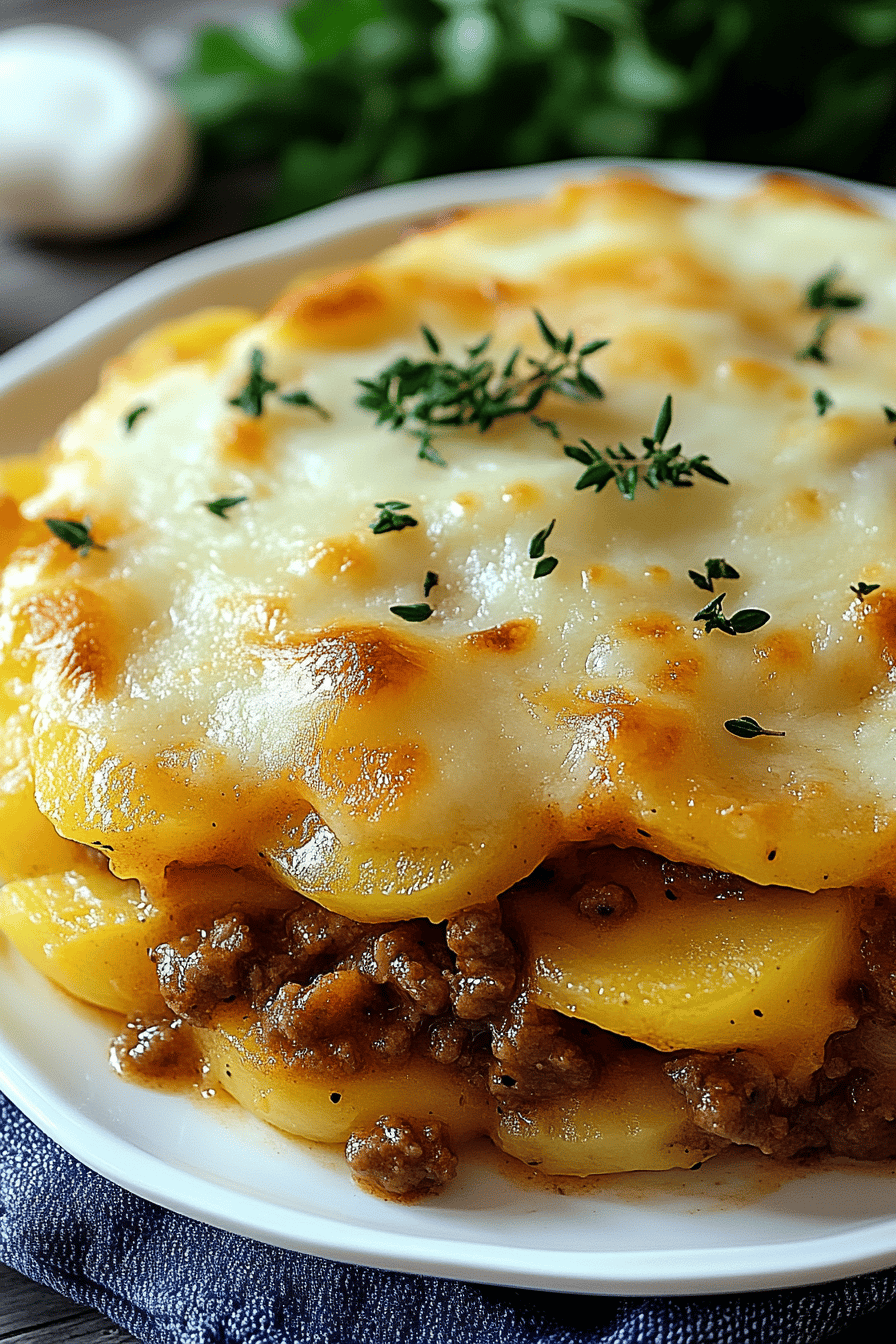 Hamburger potato casserole slice on plate showing perfect texture and swirl pattern