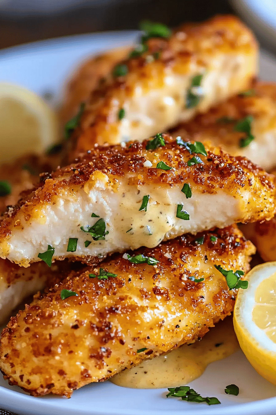 Lemon Garlic Parmesan Chicken Tenders slice on plate showing perfect texture and swirl pattern