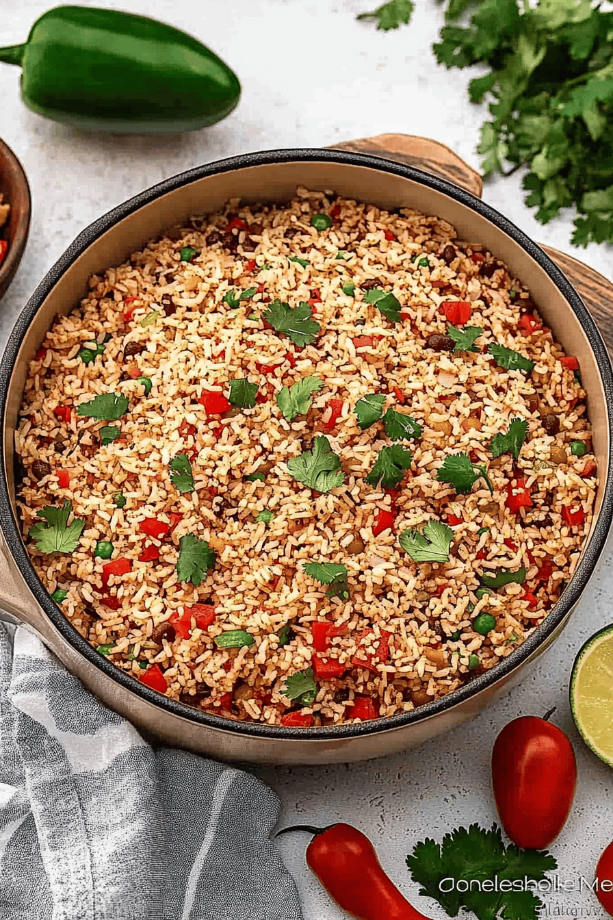 Mexican Rice Recipe ingredients organized and measured on kitchen counter