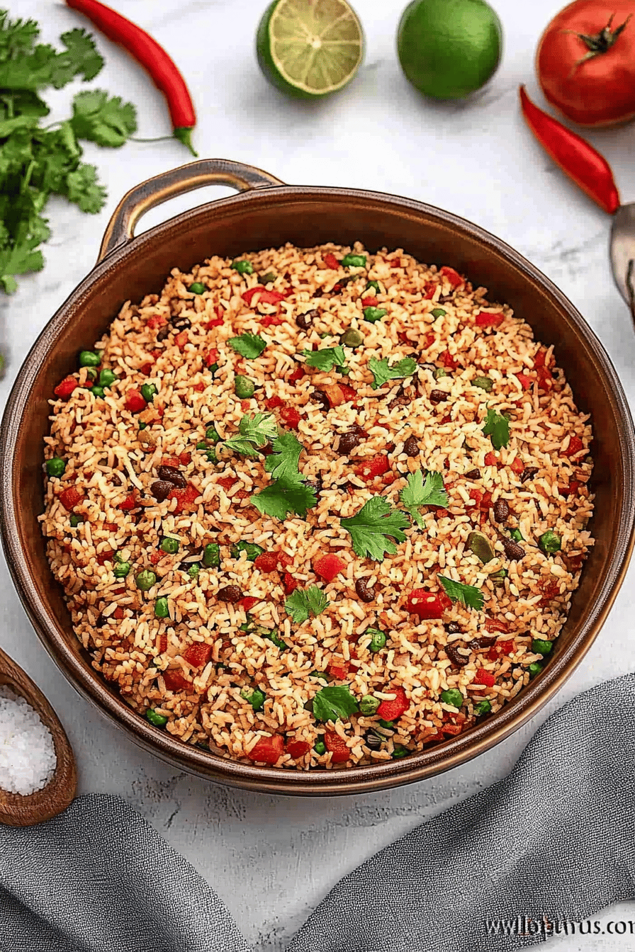 Mexican Rice Recipe slice on plate showing perfect texture and swirl pattern