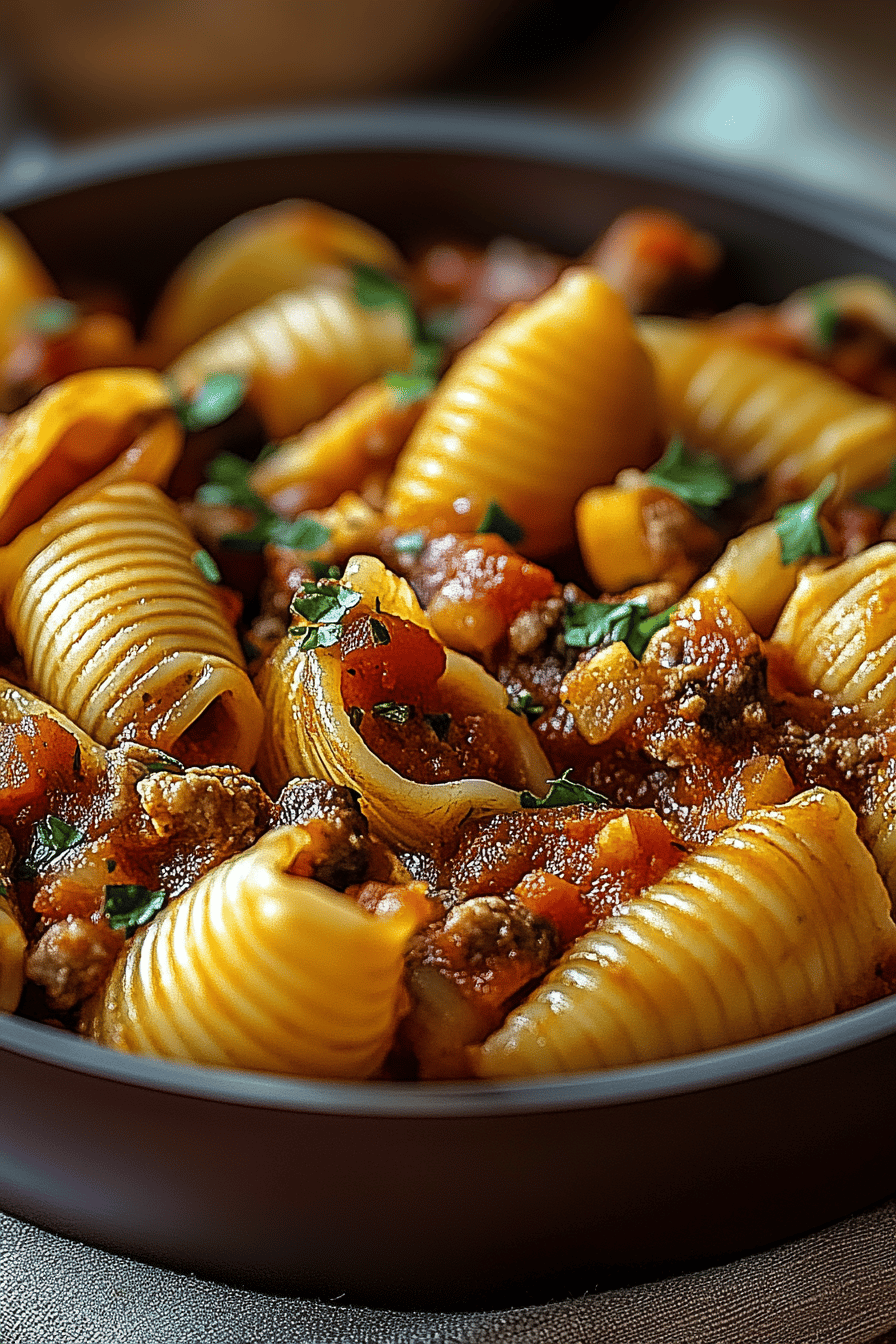 Mexican pasta shells slice on plate showing perfect texture and swirl pattern