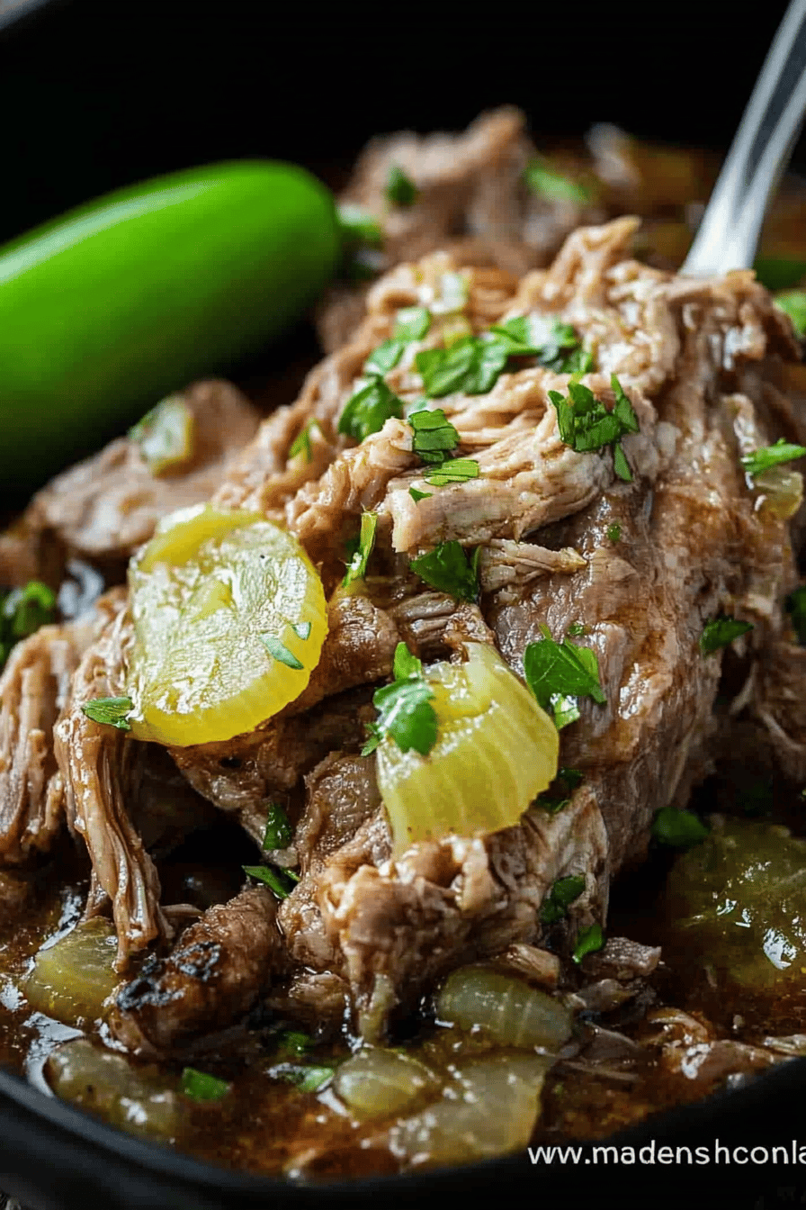 Mississippi Pork Roast slice on plate showing perfect texture and swirl pattern