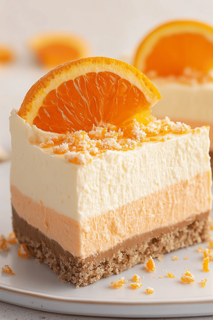 No-Bake Orange Creamsicle Cheesecake slice on plate showing perfect texture and swirl pattern