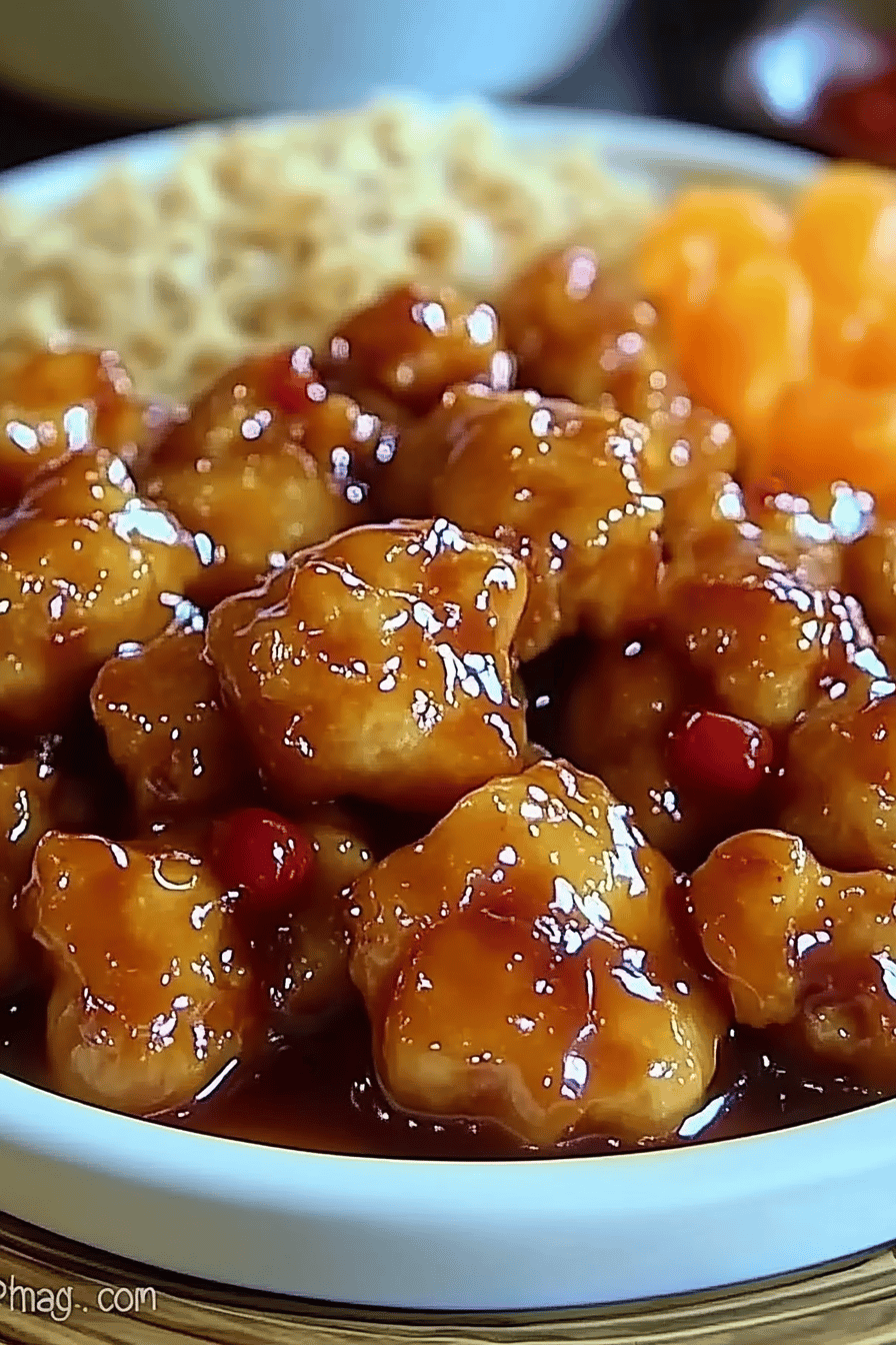 Orange Chicken Recipe slice on plate showing perfect texture and swirl pattern