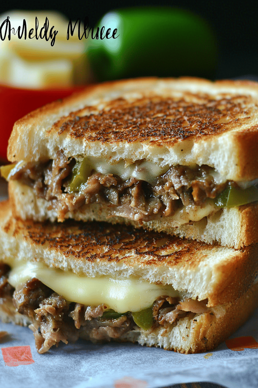 Philly cheesesteak grilled cheese slice on plate showing perfect texture and swirl pattern