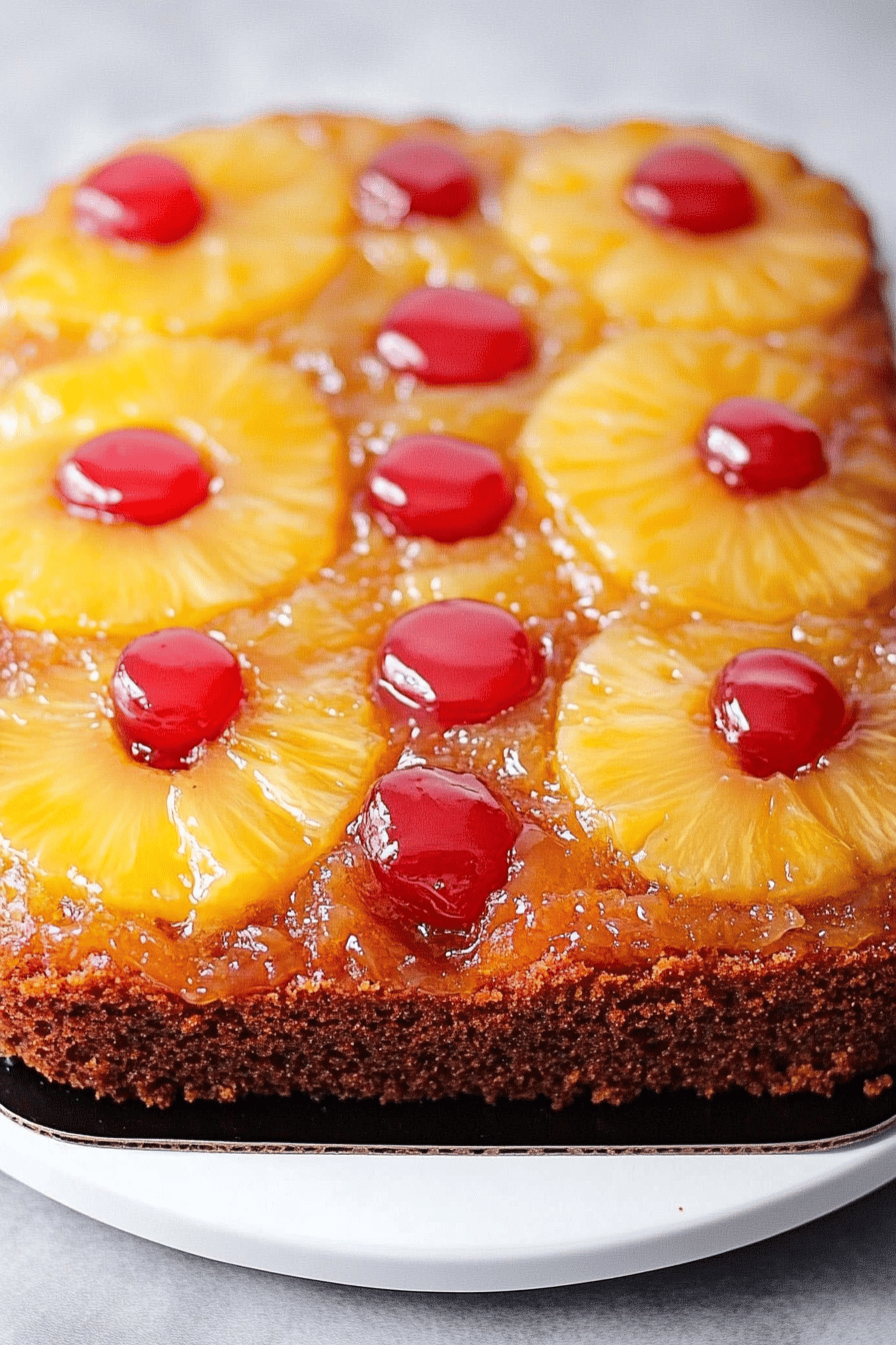 Pineapple Upside Down Cake slice on plate showing perfect texture and swirl pattern