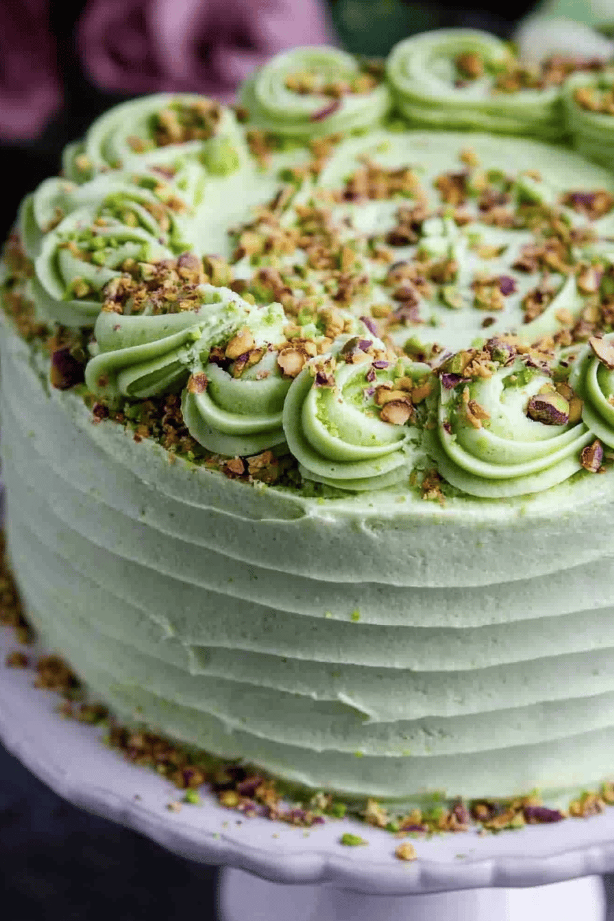 Pistachio Cake slice on plate showing perfect texture and swirl pattern