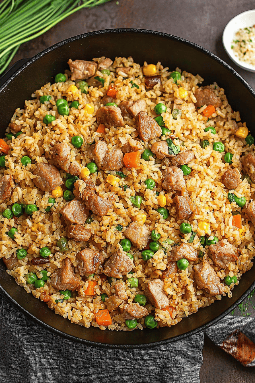 Pork Fried Rice Recipe slice on plate showing perfect texture and swirl pattern