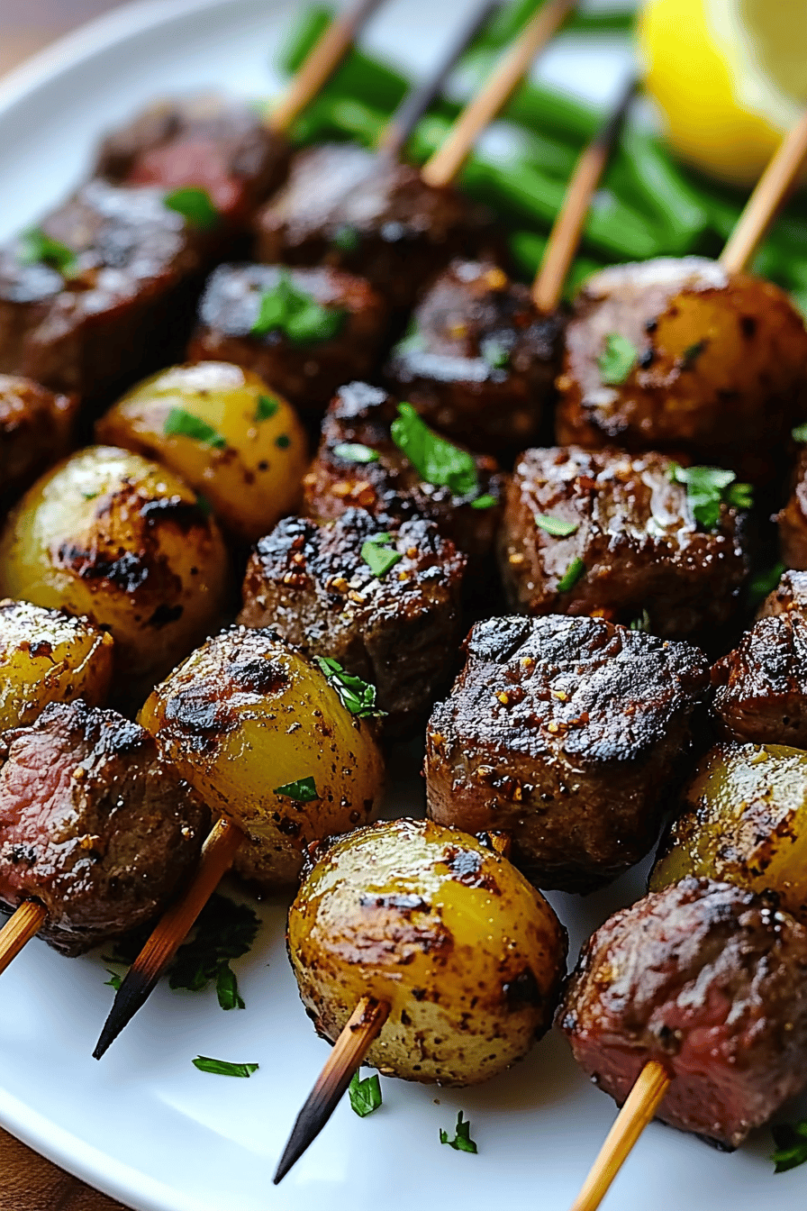 Ribeye kabobs ingredients organized and measured on kitchen counter