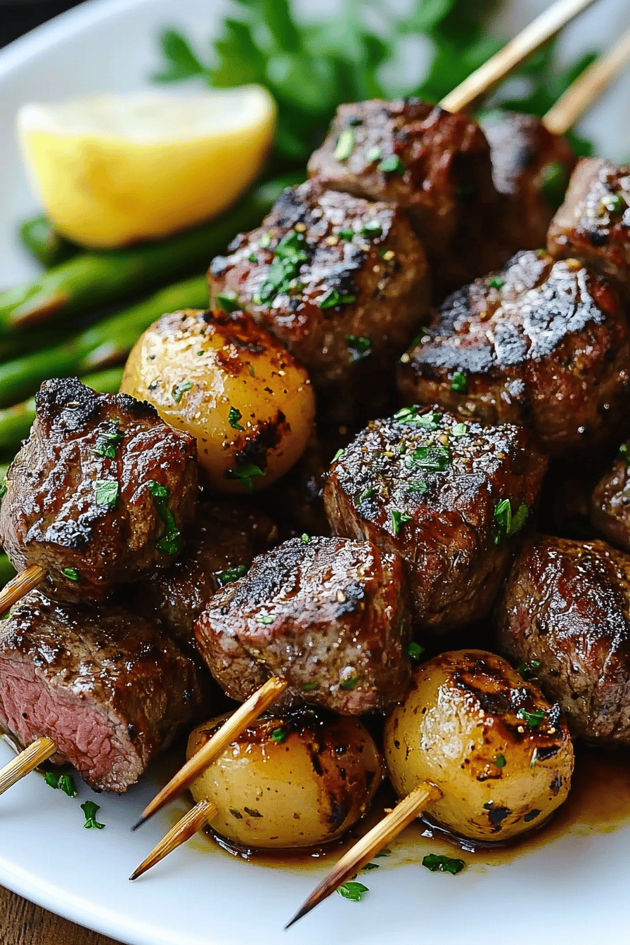 Ribeye kabobs slice on plate showing perfect texture and swirl pattern