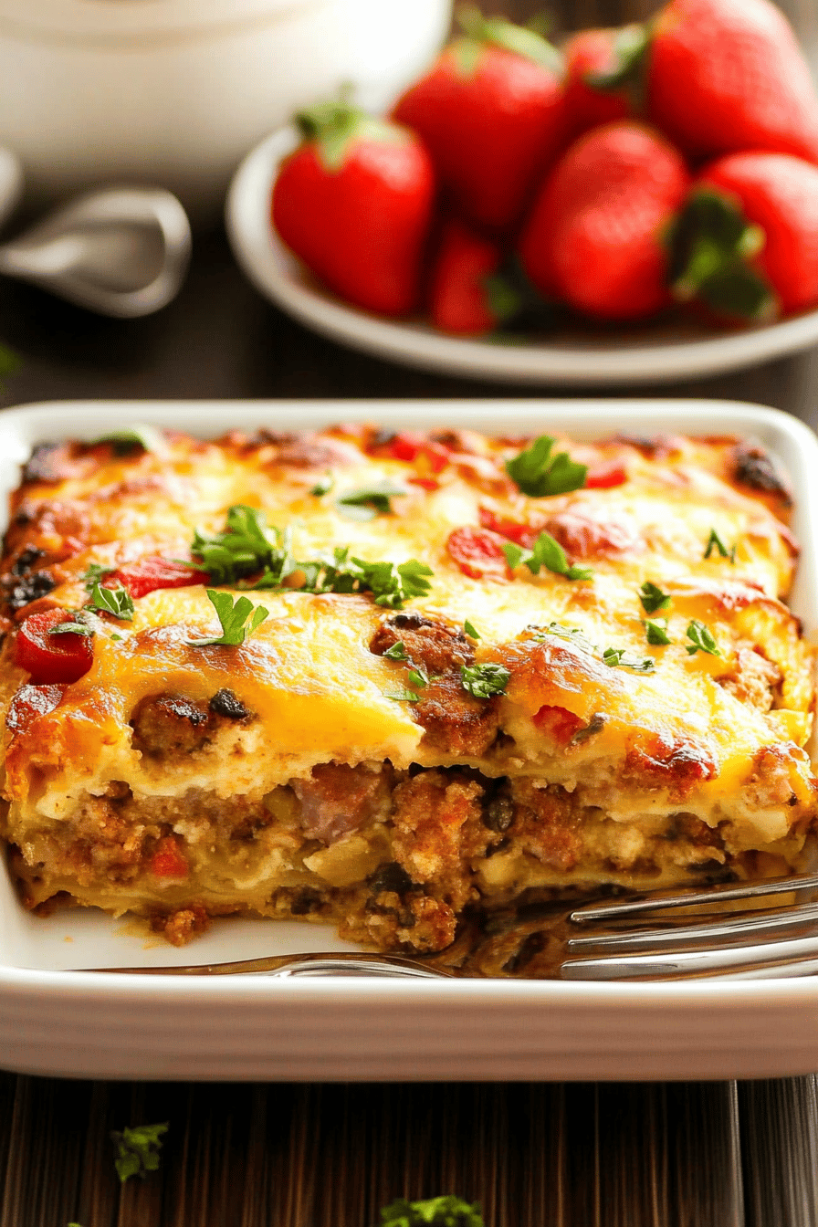 Sausage Breakfast Casserole slice on plate showing perfect texture and swirl pattern