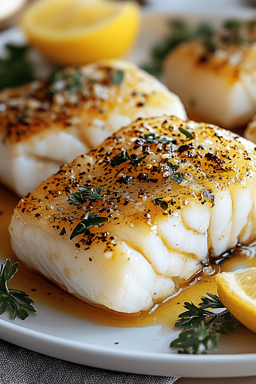 Seared cod slice on plate showing perfect texture and swirl pattern