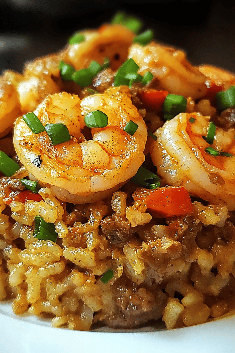 Shrimp Dirty Rice ingredients organized and measured on kitchen counter
