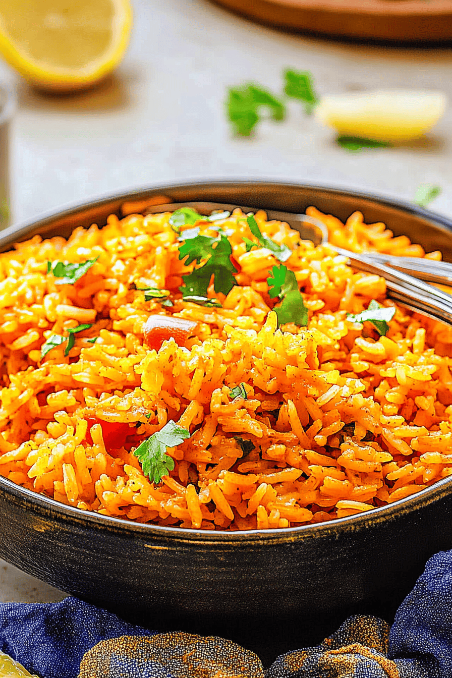 Spanish Rice ingredients organized and measured on kitchen counter