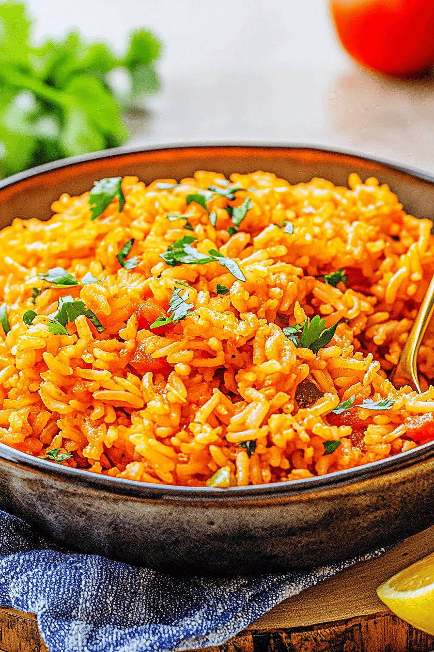Spanish Rice slice on plate showing perfect texture and swirl pattern