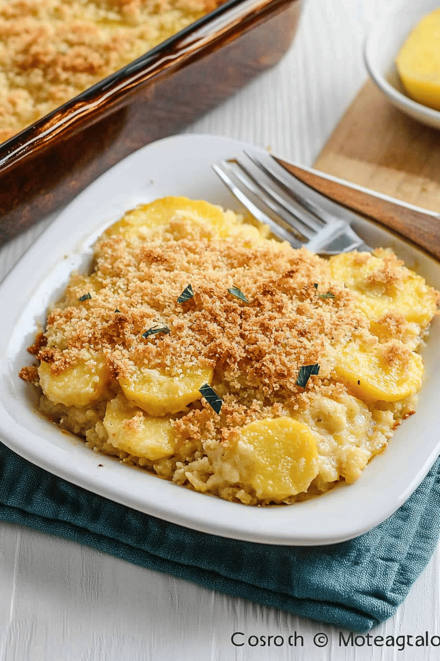Squash Casserole Recipe slice on plate showing perfect texture and swirl pattern